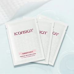 Woman removing eye makeup with an Iconsign gentle makeup remover wipe