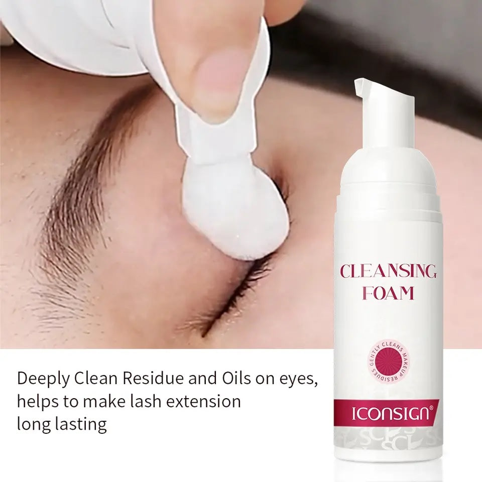 Sensitive eyelash foaming cleanser in a pump bottle on a white background