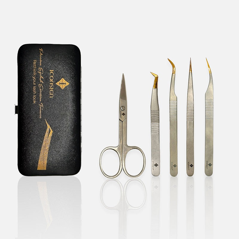 Four Iconsign stainless steel lash tweezers models TI-310, TI-313, TI-1500, and TI-1410 side by side