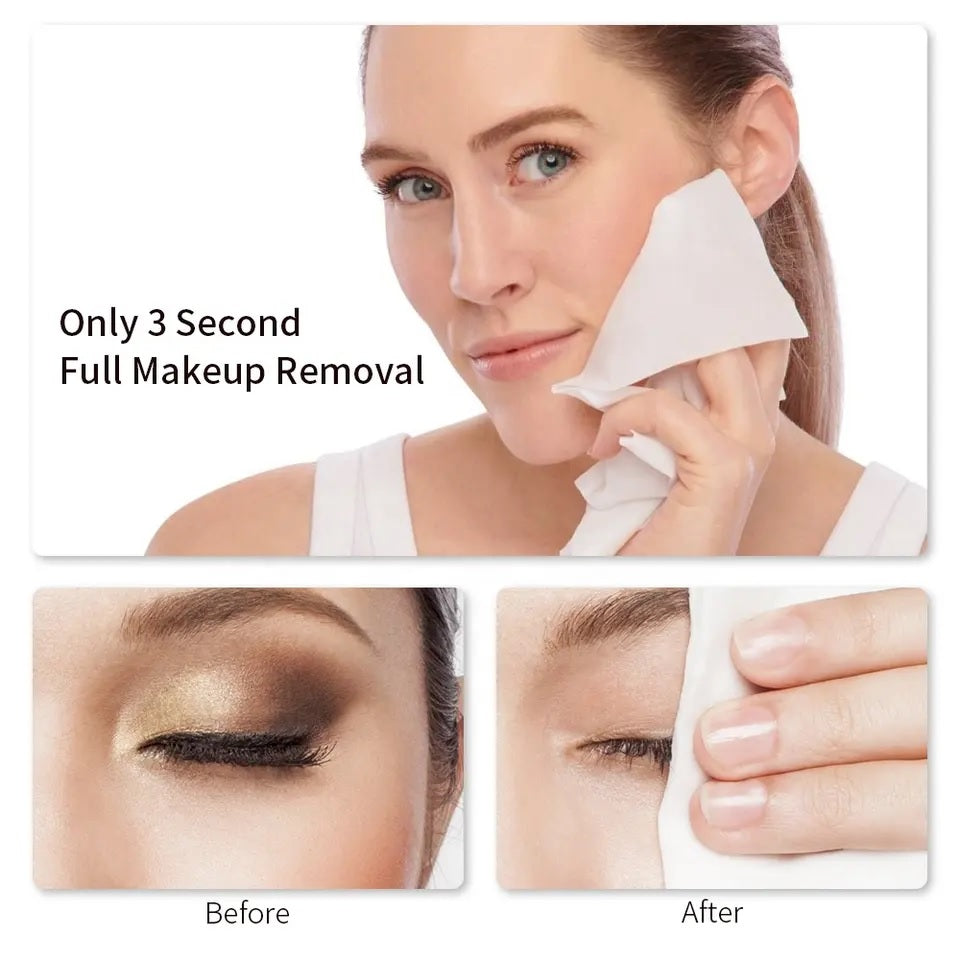 Makeup remover wipes packaged in a resealable sachet, perfect for travel and on-the-go use