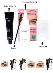 Woman applying eyebrow and eyelash tint kit at home using Iconsign