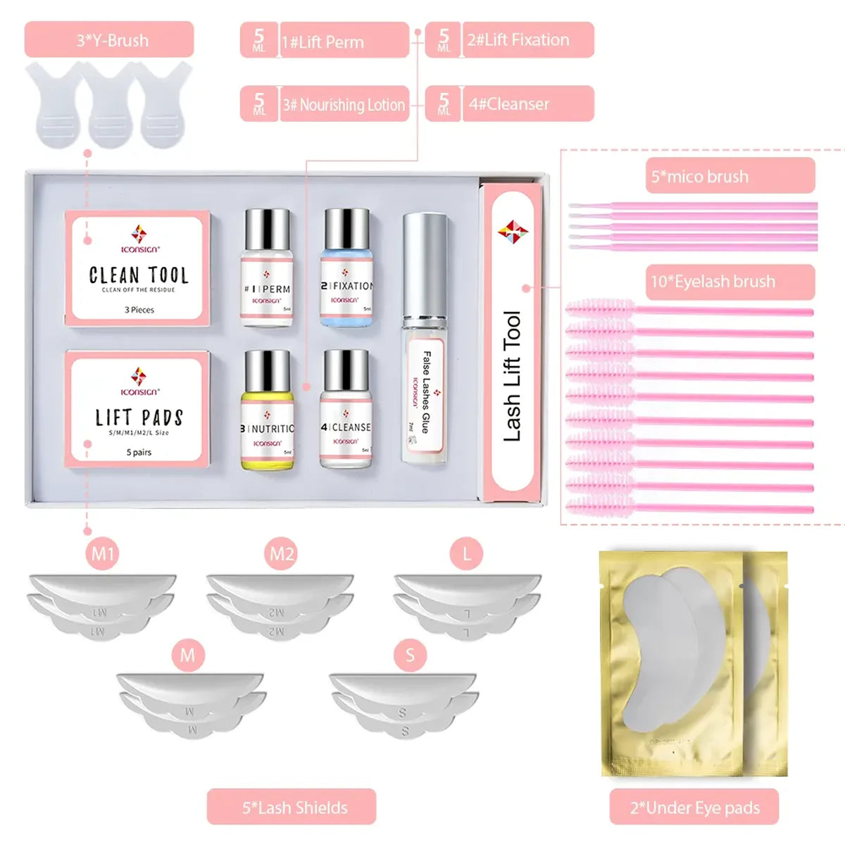 Close-up of brush and tools included in Iconsign eyebrow and eyelash tint kit