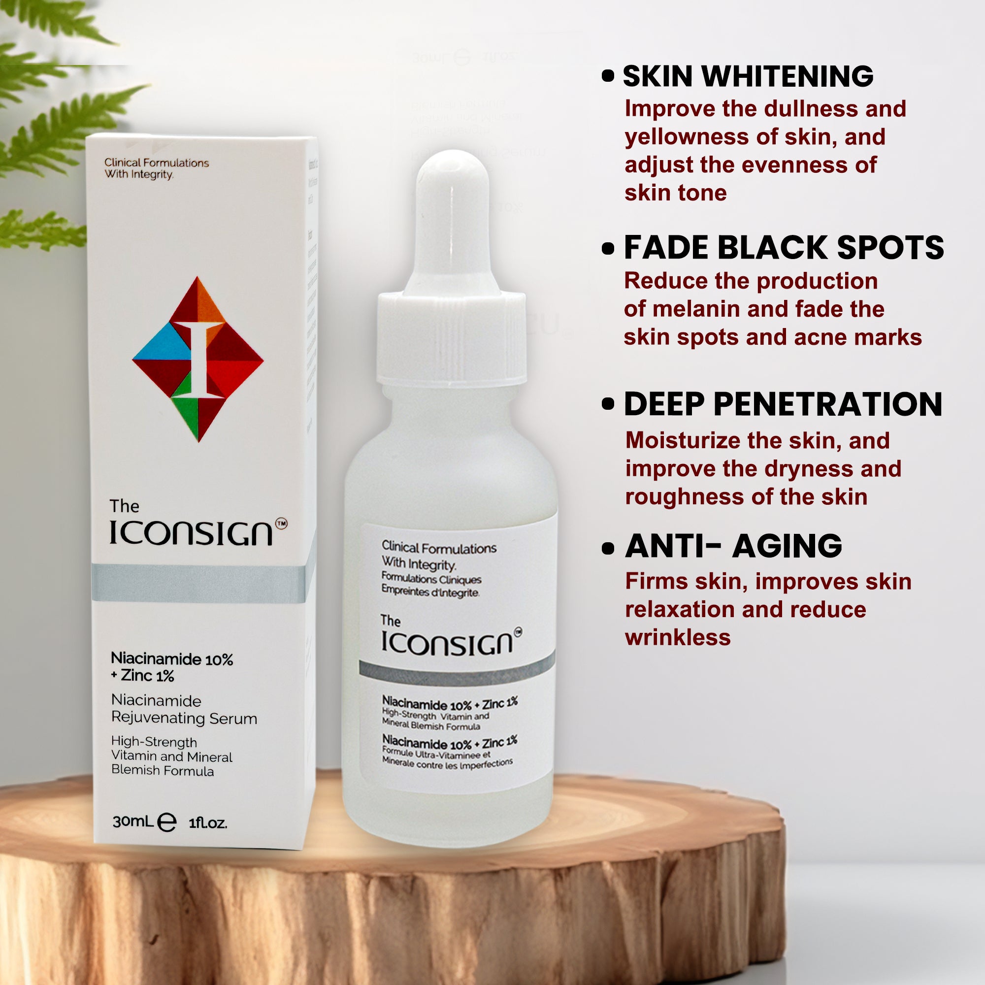 Vitamin C serum for face with niacinamide and hyaluronic acid in glass dropper bottle